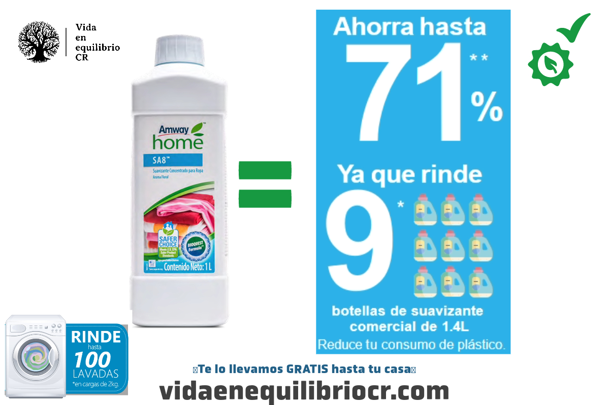 Suavizante de telas El suavizante Biodegradable SA8™ rinde hasta cien lavadas.
