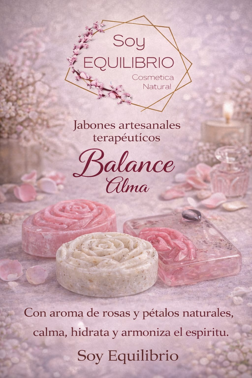 Jabones Naturales Jabón artesanal terapéutico Balance Alma de Soy Equilibrio con aroma de rosas y pétalos naturales